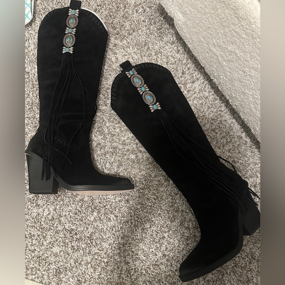 Black Suede Knee-High Boots with Fringe